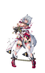 1girl animal_ears artist_request breasts chain character_request full_body highres japanese_clothes kannagi_kaede lilith-soft nipples official_art saijou_satoru silver simple_background solo taimanin_(series) taimanin_rpgx torn_clothes white_hair yellow_eyes