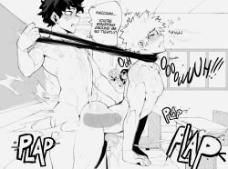 Rule 34 | 2boys, 2girls, anal, ass, asui tsuyu, bakugou katsuki, blush, boku no hero academia, cheese crumbles, classroom, cum, doggystyle, ejaculation, english text, from side, grabbing from behind, half-closed eyes, large penis, long hair, male penetrated, medium hair, midoriya izuku, monochrome, multiple boys, multiple girls, muscular, muscular male, nipples, open mouth, penis, sex, sex from behind, short hair, speech bubble, surprised, table, uraraka ochako, veins, veiny penis, voyeurism, yaoi