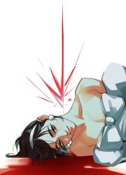 1girl alien_stage black_hair blood blood_on_ground bow commentary earrings english_commentary hairband jewelry lesly_oh lying off_shoulder on_side pearl_earrings solo sua_(alien_stage) white_bow white_hairband