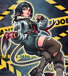 1girl absurdres animal_ears black_hair blue_eyes boots caution_tape fur-trimmed_jacket fur_trim garter_straps green_jacket guntomas1 hair_intakes high-waist_shorts highres holding holding_weapon jacket jane_doe_(zenless_zone_zero) long_tail mouse_ears mouse_girl mouse_tail multicolored_hair necktie pantyhose red_hair red_nails sharp_tail shorts single_garter_strap single_leg_pantyhose single_thighhigh tail thighhighs torn_clothes torn_pantyhose torn_thighhighs two-tone_hair two-tone_necktie weapon zenless_zone_zero