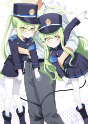 1boy 2girls blue_archive blue_hat blue_jacket blue_shorts blue_skirt carrying carrying_person closed_mouth commentary eko green_hair green_halo grey_pants halo hat highres hikari_(blue_archive) jacket long_hair multiple_girls nozomi_(blue_archive) pants pantyhose shirt shorts skirt symbol-only_commentary white_pantyhose white_shirt yellow_eyes