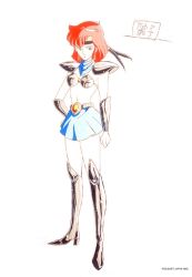 1990s_(style) 1girl armor armored_boots belt boots concept_art female_focus game kirishima_reiko knee_boots microskirt midriff miniskirt mugen_senshi_valis navel nec neckerchief official_art pc_engine red_hair retro_artstyle shoulder_pads simple_background skirt solo telenet_japan valis white_background