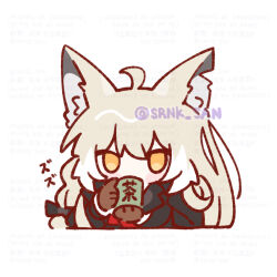 1girl 1n4b4_u3 ahoge animal_ear_fluff animal_ears arknights artist_name brown_gloves commentary cup fox_ears fox_girl gloves hashtag-only_commentary holding holding_cup orange_eyes solo symbol-only_commentary tea vulpisfoglia_(arknights) watermark
