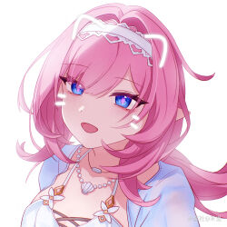 1girl bikini blue_eyes breasts chinese_commentary commentary_request drawn_ears drawn_whiskers elysia_(honkai_impact) elysia_(miss_pink_elf)_(honkai_impact) elysia_(summer_miss_elf)_(honkai_impact) face_filter heli_(miyoushe_278043874) highres honkai_(series) honkai_impact_3rd jewelry long_hair looking_at_viewer miyoushe_watermark necklace official_alternate_costume open_mouth pink_hair revision shell shell_necklace simple_background smile solo swimsuit upper_body watermark white_background white_bikini