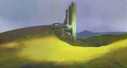 Rule 34 | architecture, cambocreation, cloud, cloudy sky, grass, hill, no humans, original, painterly, ruins, scenery, science fiction, sky, sunlight, tower, watermark
