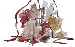 1girl alternate_costume aqua_eyes aqua_hair aqua_shoes balloon blood blood_on_clothes blood_on_face book breasts chair chinese_commentary chromatic_aberration commentary_request crown dress enomoto_noa film_grain flower heart_balloon highres juliet_sleeves long_hair long_sleeves mary_janes medium_breasts on_chair phonograph puffy_sleeves rose saibou_shinkyoku shoes shuiyemusan sitting skull solo white_dress white_flower white_rose
