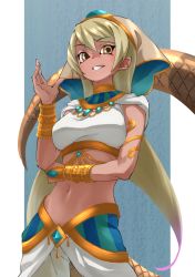 1girl ancient_egyptian_clothes arm_under_breasts blonde_hair bracelet breasts brown_eyes dark-skinned_female dark_skin gradient_hair hair_between_eyes highres jewelry kemono_friends king_cobra_(kemono_friends) long_hair medium_breasts midriff multicolored_hair navel nemes pants parted_lips pink_hair purple_hair smile snake_tail solo tail tan tanabe_(fueisei) usekh_collar veil very_long_hair white_pants