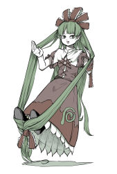 1girl absurdly_long_hair arm_ribbon balancing black_footwear blunt_bangs cross-laced_clothes dress frilled_ribbon frills full_body green_eyes green_hair hair_ribbon highres holding holding_own_hair kagiyama_hina long_hair looking_at_viewer open_mouth peroponesosu. red_dress red_ribbon ribbon short_sleeves simple_background smile solo spiral touhou very_long_hair white_background