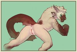 1girl 2014 anus ass bad_tag brown_fur charr_(guild_wars) flat_chest furry furry_female gradient_fur green_eyes guild_wars_(series) horns looking_back lying open_mouth presenting pussy simple_background snowskau solo tail