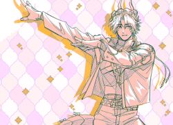 Rule 34 | 1boy, arknights, arms up, chongyue (alighting) (arknights), chongyue (arknights), collared jacket, commentary request, dragon boy, dragon horns, dragon tail, grin, highres, horns, jacket, korean commentary, limited palette, long hair, long sleeves, looking at viewer, low ponytail, male focus, nills, outstretched arms, pants, pink background, pointy ears, ponytail, shirt, smile, solo, tail, upper body