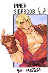 1boy abs bara bare_pectorals beckoning blonde_hair bulge character_name dougi english_text facial_hair forked_eyebrows highres ken_masters large_pectorals male_focus male_pubic_hair mature_male meme messy_hair multiple_drawing_challenge muscular muscular_male navel navel_hair nipple_slip nipples pectoral_cleavage pectorals pubic_hair robokeh shirt_cut_meme short_hair sideburns sidepec solo stomach street_fighter street_fighter_ii_(series) stubble thick_thighs thighs undressing