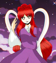 Rule 34 | 1990s (style), cloud, cloudy sky, dress, highres, noroiko, purple background, purple dress, purple sky, red eyes, red hair, retro artstyle, sky, star (sky), story of eastern wonderland, touhou, touhou (pc-98), veil, white sleeves, white veil