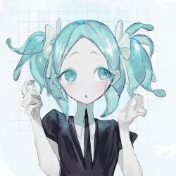 1other alternate_hairstyle aqua_eyes aqua_hair black_jacket black_necktie commentary gem_uniform_(houseki_no_kuni) grid_background haino_0920 highres houseki_no_kuni jacket necktie open_mouth other_focus phosphophyllite puffy_short_sleeves puffy_sleeves shirt short_sleeves short_twintails translucent_hair twintails upper_body white_shirt