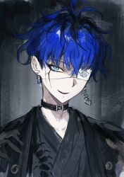 1boy :d belt_collar black_eyeliner black_haori black_kimono blue_eyes blue_hair collar earrings evil_smile eyeliner eyepatch face_piercing grey_background gys_jxh haori japanese_clothes jewelry kimono labret_piercing looking_at_viewer makeup male_focus multicolored_hair omokage_yugamu open_mouth piercing portrait roots_(hair) short_hair smile solo the_hundred_line_-last_defense_academy- undercut