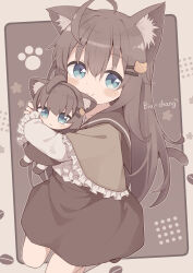 1girl ahoge animal_ear_fluff animal_ears biachan_(colon_br) blue_eyes blush border borrowed_character brown_background brown_capelet brown_hair brown_sailor_collar brown_skirt capelet cat_ears cat_girl cat_hair_ornament cat_tail center_frills character_doll character_name closed_mouth coffee_beans commentary_request frilled_capelet frilled_sleeves frills hair_between_eyes hair_ornament hairpin hands_up highres hugging_doll hugging_object long_hair long_sleeves looking_at_viewer miniskirt original outside_border paw_print paw_print_background sailor_collar shirt skirt socks solo star_(symbol) star_symbol_background tail white_shirt white_socks yuune_(ayanepuna)