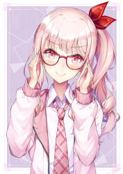 1other adjusting_eyewear akiyama_mizuki bespectacled blush border closed_mouth collared_shirt commentary drill_hair glasses grey_background hair_ornament highres jacket long_hair long_sleeves looking_at_viewer multicolored_jacket necktie novady open_clothes open_jacket other_focus outside_border pink_eyes pink_hair pink_jacket pink_necktie plaid_clothes plaid_necktie project_sekai red-framed_eyewear semi-circular_eyewear shirt side_drill signature smile solo two-tone_jacket upper_body white_border white_jacket white_shirt