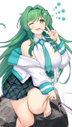 Rule 34 | 1girl, ;d, alternate costume, aqua necktie, barefoot, breasts, commentary request, curvy, frog hair ornament, gohei, green eyes, green hair, hair intakes, hair ornament, hataraki kuma, highres, jacket, kochiya sanae, large breasts, long hair, necktie, one eye closed, open mouth, plaid clothes, plaid skirt, school uniform, shirt, simple background, skirt, smile, snake hair ornament, solo, touhou, v, white background, white jacket, white shirt