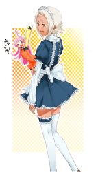 Rule 34 | &gt; &lt;, 00s, 2girls, ahoge, alternate costume, blush, blush stickers, braid, closed eyes, dark-skinned female, dark skin, dress, enmaided, freckles, frilled thigh strap, lal&#039;c mellk mal, long hair, maid, maid headdress, multiple girls, nono (top wo nerae 2!), pink hair, short hair, smile, thigh strap, thighhighs, top wo nerae! (series), top wo nerae 2!, white hair, white legwear, yellow eyes, yuri, zettai ryouiki