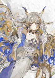 1girl absurdres arknights asamineru bare_shoulders bead_necklace beads breasts brooch collarbone dragon_girl dragon_horns dragon_tail earrings eastern_dragon_horns eastern_dragon_tail gloves grey_eyes highres holding holding_weapon horns jewelry long_hair long_sleeves looking_at_viewer necklace off_shoulder parted_lips pointy_ears shu_(arknights) small_breasts solo strapless tail tube_top weapon white_tube_top wide-eyed yellow_gloves