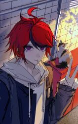Rule 34 | absurdres, ahoge, black hoodie, black streaks, blue eyes, calico (pattern), calico cat, commentary, diqiubaozhawoshuijue, grey jacket, hand up, highres, hood, hoodie, jacket, jacket over hoodie, male focus, multicolored hair, multicolored jacket, orange eyes, red hair, short hair, smile, streaked hair, sumino takumi, symbol-only commentary, the hundred line -last defense academy-, two-tone jacket, v, white hoodie