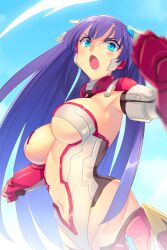 1girl armpits blue_background blue_eyes blue_sky blush breasts center_opening cleavage echo_(circa) fate/grand_order fate_(series) gloves hair_ornament highleg highleg_leotard large_breasts leotard long_hair looking_at_viewer martha_(aerial_drive)_(fate) martha_(fate) mechanical_gloves navel open_mouth outdoors purple_hair red_gloves sky solo white_leotard