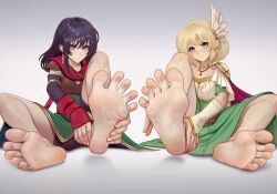 2girls barefoot black_eyes black_hair blonde_hair blush feet fire_emblem green_eyes light_blush light_smile long_hair looking_at_viewer mareeta_(fire_emblem) multiple_girls nanna_(fire_emblem) nintendo puffypinkpaws soles toes