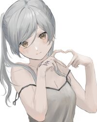 1girl braid breasts brown_eyes camisole cleavage closed_mouth commentary_request eyes_of_grima female_robin_(fire_emblem) fire_emblem fire_emblem_awakening four-finger_heart_hands grey_hair hand_tattoo heart heart_hands highres long_hair medium_breasts niko_(aiai03012) nintendo simple_background smile solo spaghetti_strap tattoo twintails upper_body white_background white_camisole