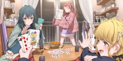 3girls absurdres alt_text basket black_bow black_hair blonde_hair blunt_bangs blush bow braid card card_game chair chinese_zodiac closed_eyes commentary_request crossed_bangs cup facing_viewer fang fujita_kotone gakuen_idolmaster green_eyes green_haori hair_between_eyes hair_bow hair_ornament hanami_saki haori hatsumi-chan_(gakuen_idolmaster) headphones highres holding holding_card holding_paper idolmaster indoors japanese_clothes kotatsu long_hair looking_at_viewer multiple_girls new_year open_mouth orange_peel paper parted_bangs playing_card pov pov_hands red_hair red_haori shelf shorts sidelocks sitting skin_fang smile snake_hair_ornament snow snowing steam table teacup teeth translation_request tsukimura_temari twin_braids two_side_up very_long_hair year_of_the_snake yellow_eyes yo_na