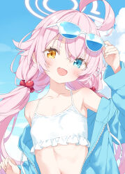 1girl :d ahoge arm_up bikini bikini_under_clothes blue-tinted_eyewear blue_archive blue_eyes blue_jacket blue_sky blush brown_eyes cloud commentary_request day drawstring eyewear_lift fang frilled_bikini frills hair_between_eyes hair_bobbles hair_ornament halo heterochromia highres hood hood_down hooded_jacket hoshino_(blue_archive) hoshino_(swimsuit)_(blue_archive) jacket kani_biimu long_hair long_sleeves looking_at_viewer low_twintails navel off_shoulder open_clothes open_jacket open_mouth outdoors pink_hair puffy_long_sleeves puffy_sleeves sky smile solo sunglasses swimsuit tinted_eyewear twintails upper_body very_long_hair white-framed_eyewear white_bikini