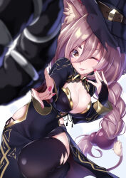 Rule 34 | 1girl, ;p, animal ear fluff, animal ears, black bridal gauntlets, black dress, black hat, black thighhighs, blurry, braid, breasts, bridal gauntlets, brown eyes, cat ears, cat tail, cleavage, commentary request, depth of field, dress, hair between eyes, hat, highres, holding, long hair, multicolored hair, nail polish, one eye closed, original, pink hair, pink nails, solo, streaked hair, tail, takatun223, thighhighs, tongue, tongue out, witch, witch hat