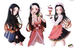 1girl alternate_costume apron bag black_hair black_shirt black_skirt breasts brown_hair checkered_sash cleavage demon_girl fangs food gag highres holding holding_gag holding_plate horns ice_cream japanese_clothes kamado_nezuko kimetsu_gakuen kimetsu_no_yaiba kimono licking_lips long_hair looking_at_viewer maid_headdress medium_breasts mu_ooa multiple_views obi pink_apron pink_eyes pink_kimono plate sash school_bag school_uniform shirt simple_background single_horn skirt slit_pupils smile tattoo tongue tongue_out unworn_gag waist_apron white_background