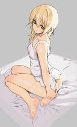 1girl absurdres armpit_crease ass awesomeerix bare_legs bare_shoulders barefoot blonde_hair blue_eyes breasts censored censored_feet closed_mouth commentary dress eyelashes feet full_body grey_background hair_between_eyes highres kingdom_hearts legs long_hair looking_at_viewer namine on_bed shiny_skin short_dress sketch small_breasts soles solo thighs toes white_dress