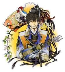 arrow_(projectile) bird black_hair bow_(weapon) brown_eyes chicken coat crossbow flower hat high_collar japanese_clothes mouri_motonari sengoku_musou smile weapon