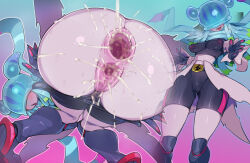 1girl anus armor ass belt cum cum_in_ass cum_in_pussy digimon digimon_(creature) gloves jellyfish_girl lightning_bolt_symbol looking_at_viewer monster_girl pochincoff pussy tentacle_hair tentacles teslajellymon tight_clothes