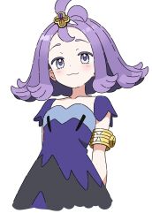1girl :3 acerola_(pokemon) armlet arms_behind_back blue_dress closed_mouth collar collarbone commentary_request dress flipped_hair grey_dress grey_eyes hair_ornament hairclip highres jewelry kousuke0912 looking_at_viewer medium_hair multicolored_dress nintendo pokemon pokemon_sm purple_hair short_sleeves simple_background solo stitches topknot torn_clothes torn_dress white_background