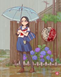 1girl bag bag_charm bifudon black_eyes black_hair black_pantyhose blue_bag blue_sailor_collar blue_skirt braid brown_shoes charm_(object) collarbone fence flower grass highres holding holding_umbrella hydrangea loafers neckerchief original outdoors pantyhose radio_antenna rain red_neckerchief rice_paddy round_eyewear sailor_collar school_uniform serafuku shirt shoes shoulder_bag skirt solo standing twin_braids umbrella white_shirt wooden_fence