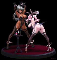 2girls absurdres animal_ears armpits arms_up ass black_background black_thighhighs breasts closed_mouth commentary_request covered_navel dark-skinned_female dark_elf dark_skin electricity elf fake_animal_ears fake_tail full_body garter_straps gloves grey_hair hair_ornament hair_scrunchie highres large_breasts leotard long_hair looking_at_viewer looking_back multiple_girls nontraditional_playboy_bunny open_mouth original pink_eyes pink_hair playboy_bunny pointy_ears ponytail rabbit_ears rabbit_tail red_eyes restrained scrunchie simple_background skindentation sweat tail teeth thighhighs twintails ulrich_(tagaragakuin) white_gloves