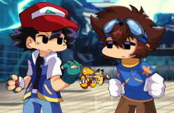 agumon ash_ketchum creatures_(company) digimon digimon_(creature) digimon_adventure friday_night_funkin&#039; game_freak gen_1_pokemon gloves goggles goggles_on_head highres jacket looking_at_another nintendo parody pikachu pokemon pokemon_(anime) pokemon_(classic_anime) pokemon_(creature) style_parody yagami_taichi