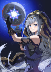 1girl absurdres adina_savic bare_shoulders black_gloves black_survival blue_dress blue_eyes blue_veil blush clip_studio_paint_(medium) commentary_request crystal_ball dress eternal_return:_black_survival floating floating_object from_side gloves glowing gold_trim grey_hair hair_ornament hands_up highres long_hair looking_at_viewer object_floating_above_hand s.jeti sleeveless sleeveless_dress smile solo sparkle veil