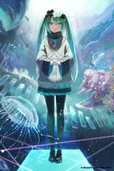 1girl akatamanegi_ill animal aqua_eyes aqua_hair aqua_nails aqua_trim batsu_miku binary black_pants black_shoes black_skirt commentary_request coral dolphin fish full_body hair_ornament hatsune_miku highres interlocked_fingers jellyfish kowareta_sekai_to_utaenai_miku long_hair looking_at_viewer official_alternate_costume pants parted_lips pleated_skirt project_sekai seahorse sega shoes skirt solo tree twintails very_long_hair vocaloid whale x_hair_ornament