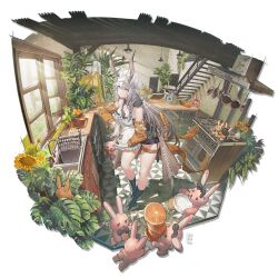 1girl animal_ears animal_slippers apron arknights bare_shoulders bunny_slippers carrot_hair_ornament cooking_pot cream detached_sleeves dress food food-themed_hair_ornament green_socks grey_eyes grey_hair hair_ornament hat highres holding holding_cooking_pot kitchen light_smile long_hair long_sleeves looking_at_viewer official_alternate_costume official_art pancake rabbit_ears rabbit_girl ribbon savage_(arknights) savage_(secret_family_recipe)_(arknights) slippers socks solo stirring strapless strapless_dress thigh_strap thighs usu_(9619usu) white_apron white_hat white_ribbon window