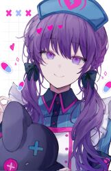 1girl asahina_mafuyu closed_mouth hat highres long_hair looking_at_viewer nurse nurse_cap project_sekai purple_eyes purple_hair smile solo upper_body wonderhorror~!?_na_kimodameshi!_(project_sekai) yukiusagi_(yukiusagi_52)