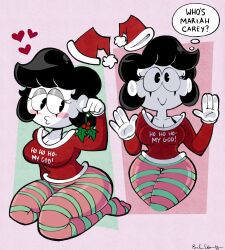 Rule 34 | 1girl, absurdres, artist name, black hair, christmas, colored skin, commentary, english commentary, english text, gloves, hat, heart, highres, holding, holding mistletoe, imrachets, lips, mime, mistletoe, multiple views, mute, mute the mime (imrachets), original, pac-man eyes, puckered lips, santa hat, signature, smile, speech bubble, thought bubble, toon (style), white gloves, white skin
