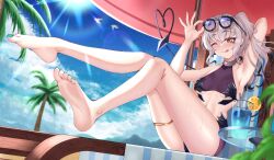 Rule 34 | 1girl, bare shoulders, barefoot, beach chair, beach umbrella, bikini, black bikini, blue sky, blush, breasts, fate/grand order, fate (series), forked eyebrows, high ponytail, highres, jewelry, legs, long hair, looking at viewer, melusine (fate), melusine (swimsuit ruler) (fate), melusine (swimsuit ruler) (first ascension) (fate), navel, one eye closed, palm tree, ponytail, raji (largesaint2210), sidelocks, sky, small breasts, smile, solo, swimsuit, tail, thighlet, thighs, tree, umbrella, white hair, yellow eyes
