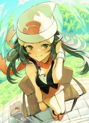 1girl ariekochan bench black_eyes black_hair black_shirt closed_mouth dawn_(pokemon) full_body game_freak hair_ornament hairclip hat highres long_hair looking_at_viewer miniskirt nintendo on_bench pokemon pokemon_dppt scarf shirt skirt sleeveless sleeveless_shirt smile solo white_hat