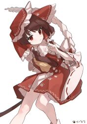 1girl absurdres ascot bow brown_hair cindy717 closed_mouth commentary_request detached_sleeves frilled_bow frilled_hair_tubes frills gohei hair_bow hair_tubes hakurei_reimu highres holding holding_gohei long_hair looking_at_viewer needle paw_print paw_print_pattern red_bow red_eyes red_skirt ribbon-trimmed_sleeves ribbon_trim signature skirt skirt_set solo touhou yellow_ascot