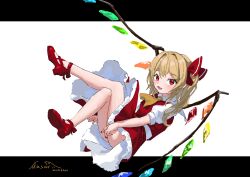 1girl absurdres ascot blonde_hair boli_mei_an crystal flandre_scarlet floating full_body highres looking_at_viewer mary_janes open_mouth puffy_short_sleeves puffy_sleeves red_eyes red_ribbon red_skirt red_vest ribbon shirt shoes short_sleeves side_ponytail simple_background skirt skirt_set solo touhou vest white_background wings yellow_ascot