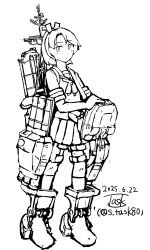 1girl adapted_turret artist_logo full_body kantai_collection lineart logo looking_at_viewer machinery one-hour_drawing_challenge pleated_skirt ponytail sailor_collar sailor_shirt school_uniform serafuku shikinami_(kancolle) shirt short_hair short_shorts shorts skirt solo standing task_(s_task80) torpedo_launcher twitter_username