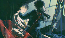 1boy 1girl 8q_nookiba black_hair blood blood_on_clothes blood_on_face blue_eyes blue_shirt cape commentary_request couple dated_commentary facing_away floating_hair formal_clothes gloves hand_on_another&#039;s_head hetero highres jacket kaitou_kid kneeling kuroba_kaito long_hair looking_at_another magic_kaito monocle nakamori_aoko necktie no_headwear pants parted_lips pleated_skirt rain red_umbrella school_uniform shirt short_hair sitting skirt suit transparent transparent_umbrella umbrella wet wet_hair white_cape white_gloves white_jacket white_pants white_suit yellow_necktie