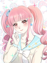 1girl animal_background bird blue_bow blue_sailor_collar blunt_bangs bow bowtie breast_pocket chinese_commentary cloud_earrings collarbone commentary_request crazygirlisme drill_hair eyelashes floral_print hair_bow hand_up highres igloo infinity_nikki long_hair long_sleeves nikki_(nikki) nikki_(series) outline penguin pink_eyes pink_hair plaid_bow pocket procreate_(medium) sailor_collar school_days_(infinity_nikki) school_uniform serafuku shirt sidelocks snow_shelter solo sparkle twin_drills twintails upper_body white_bow white_bowtie white_outline white_shirt